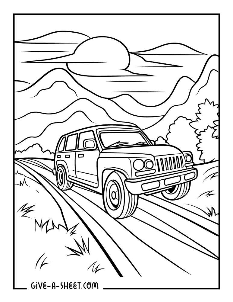 SUV on a rough terrain coloring page for adults.