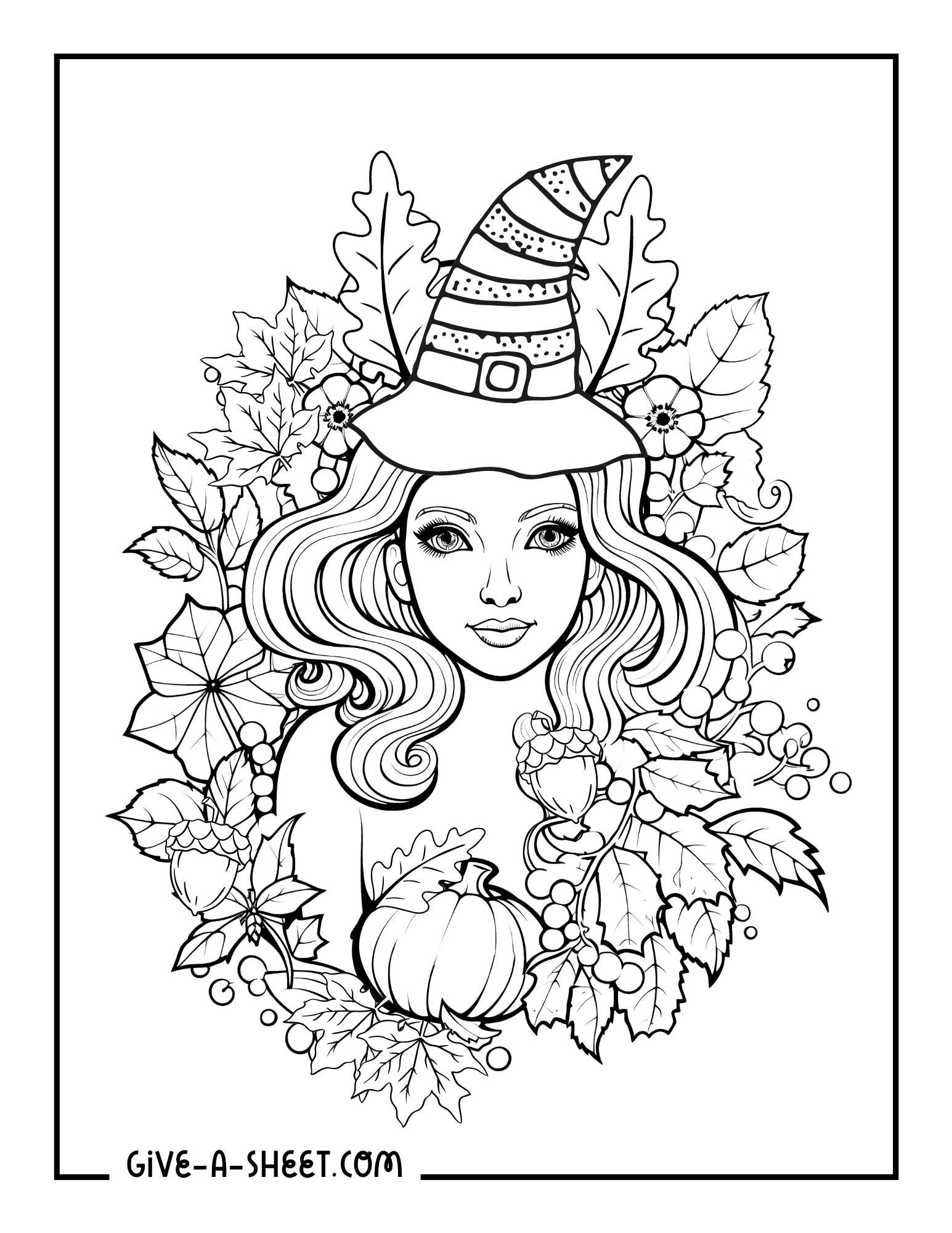 Leaf goddess with intricate designs coloring page for adults.