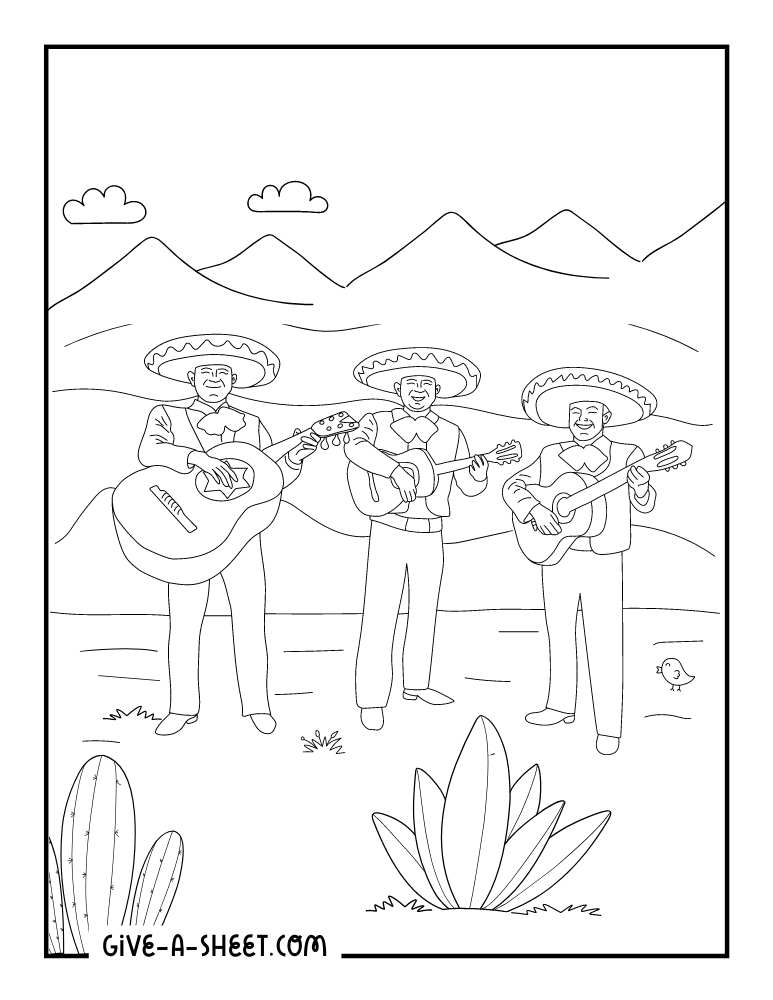 Mexican mariachi band playing music to color in for kids.