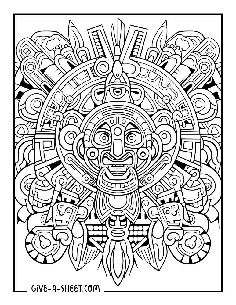 Detailed Mexican Huichol art coloring page for adults.