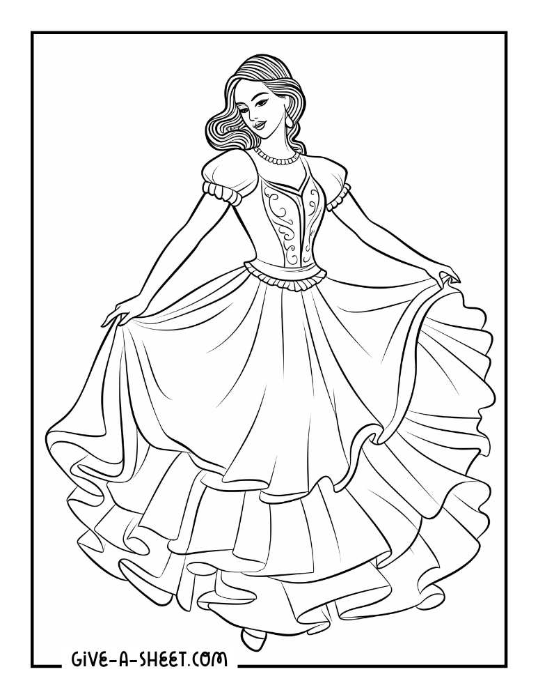 Mexican girl dancing flamenco dance coloring page.