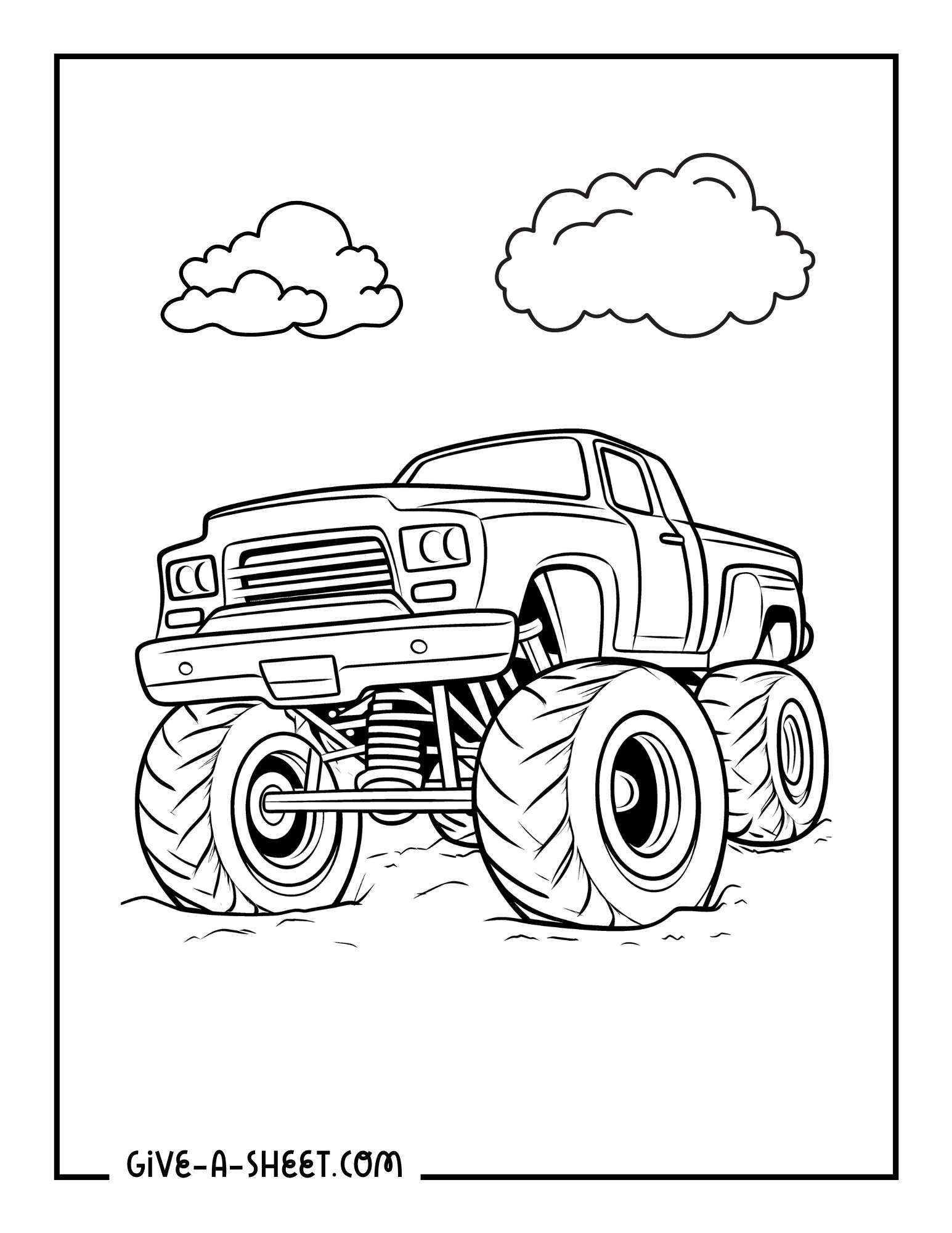 Monster truck with big wheels coloring page.
