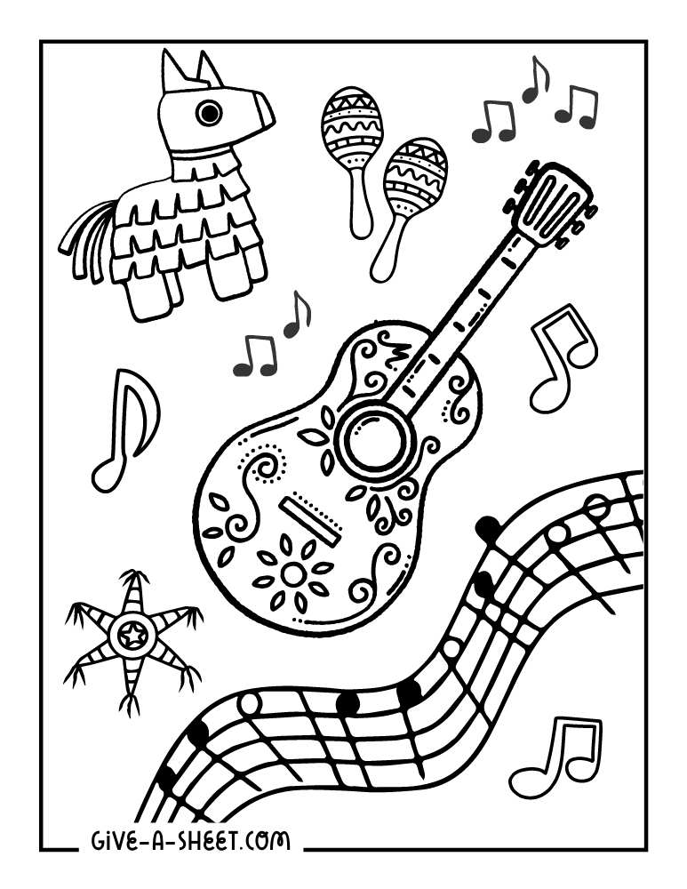 Hispanic culture fiesta music celebration coloring page.