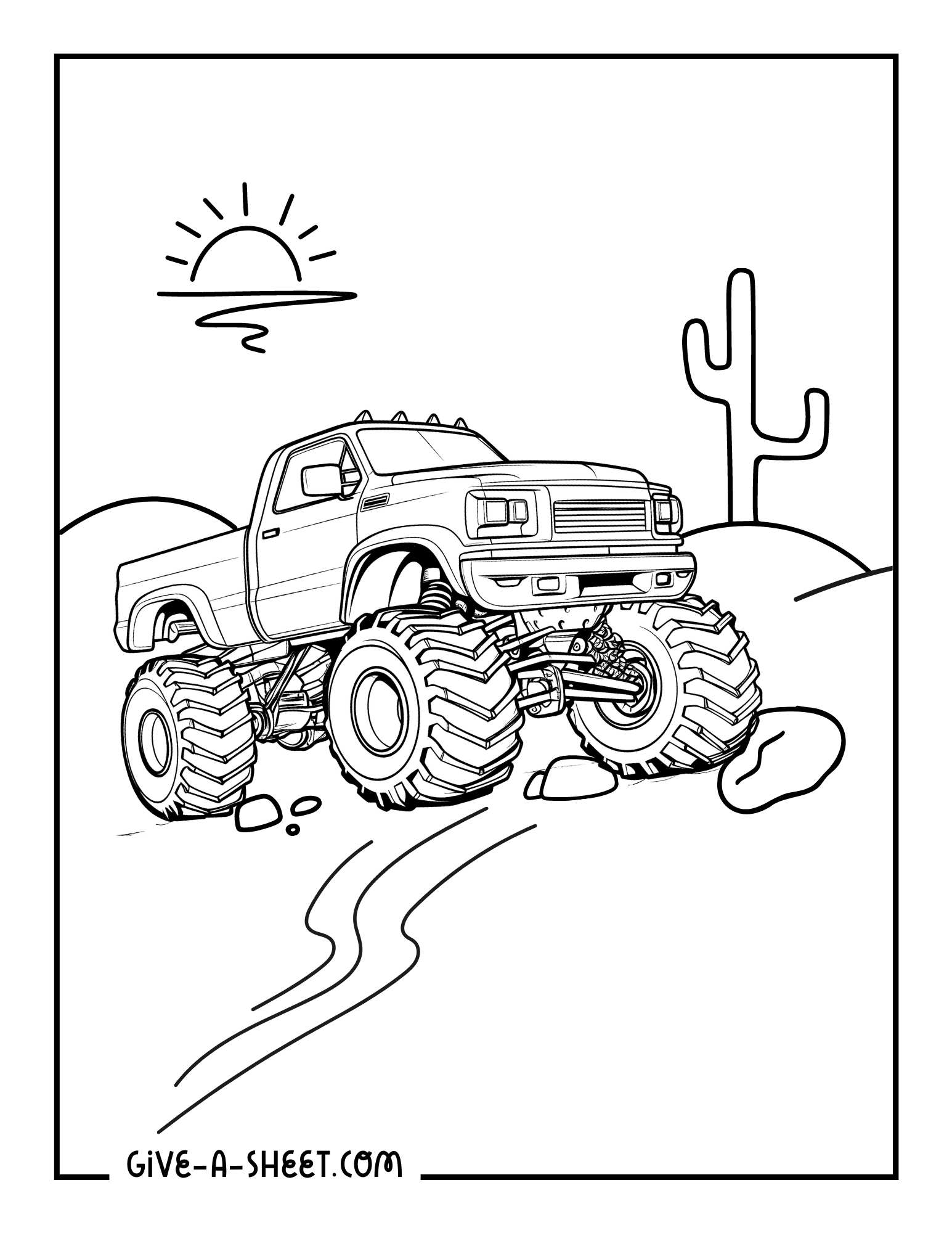 Pickup trucks with huge suspensions coloring page.