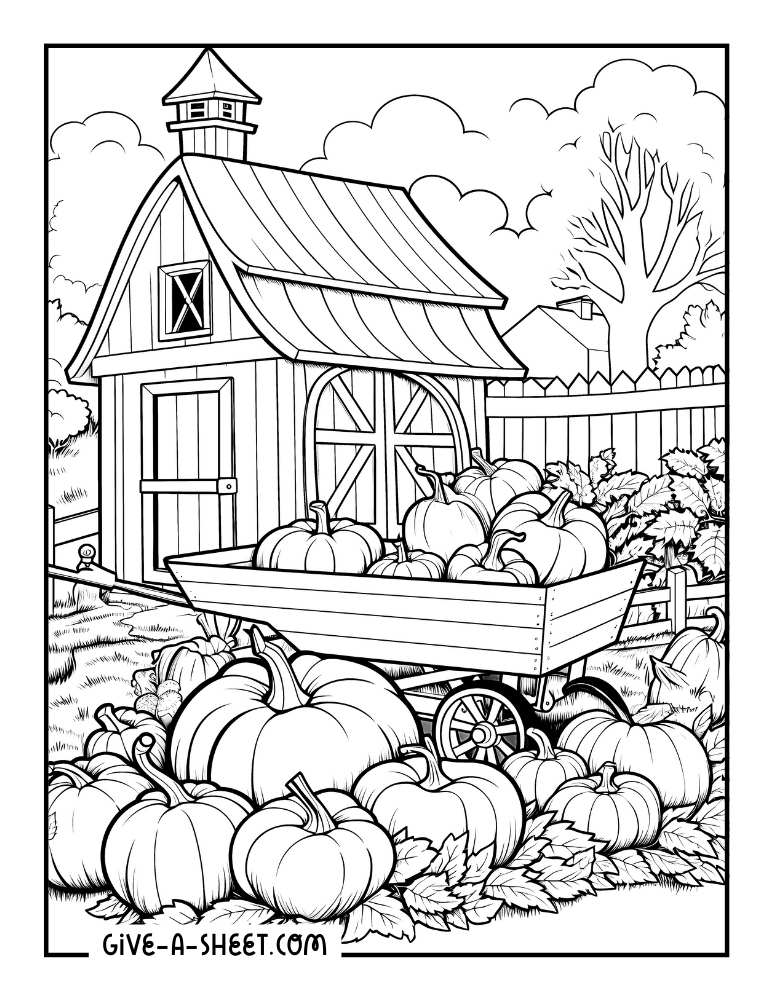 Pumpkin patches farm coloring sheet for adults.