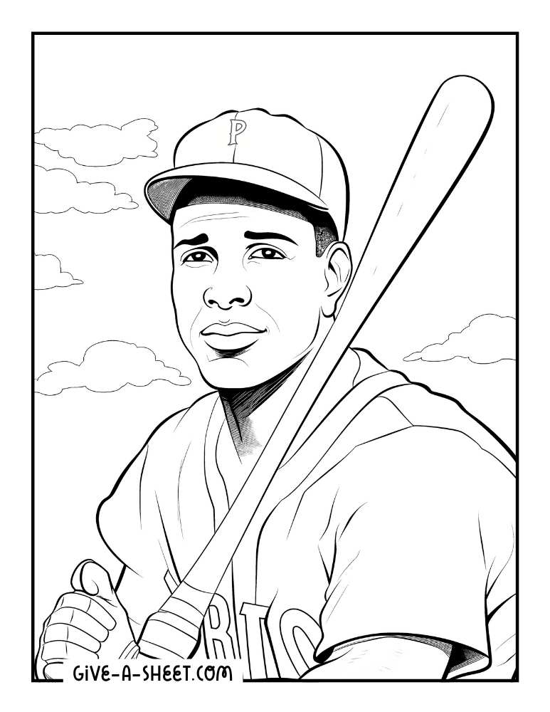 Roberto Clemente famous Puerto Rican baseball player recognition coloring sheet.