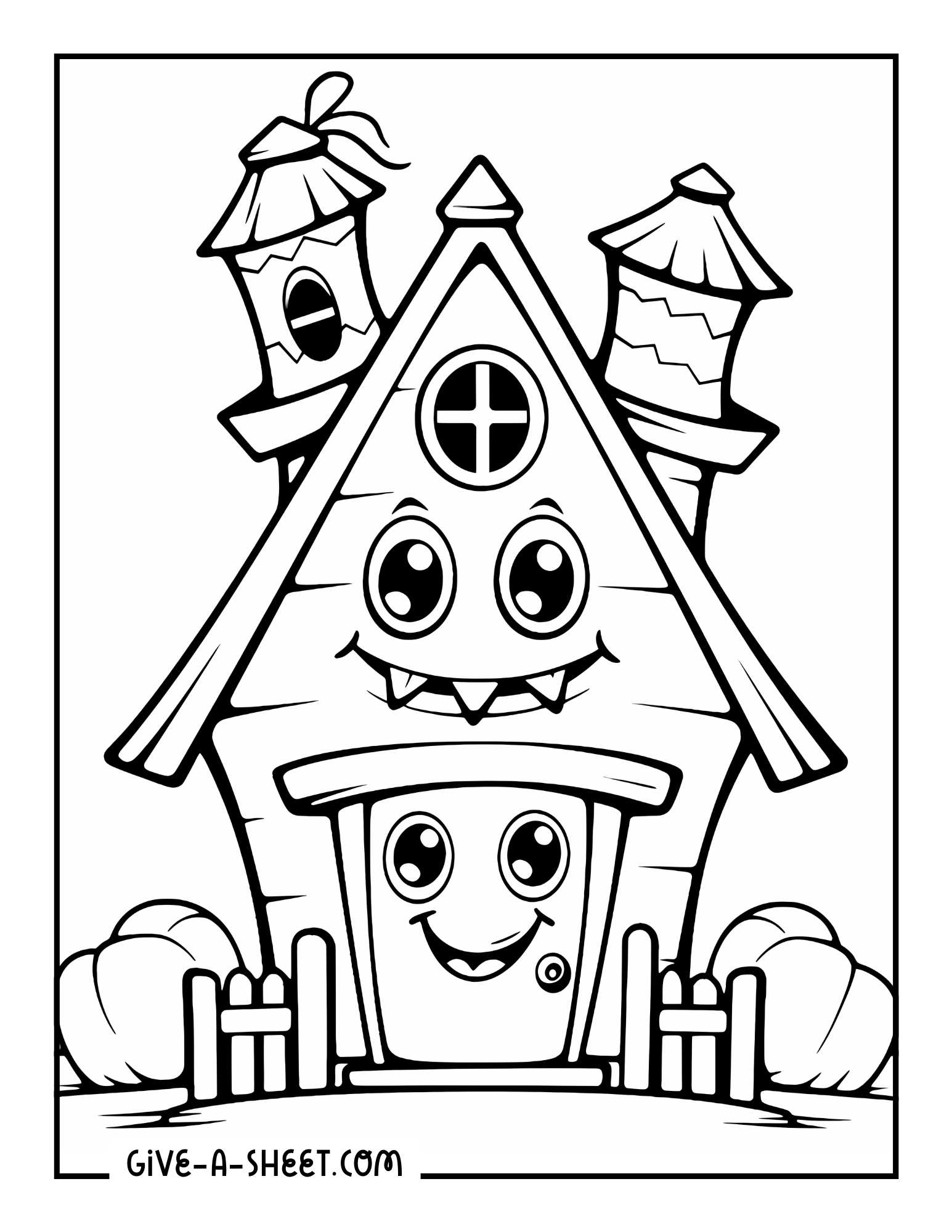 Spooky house with faces coloring page for younger kids.