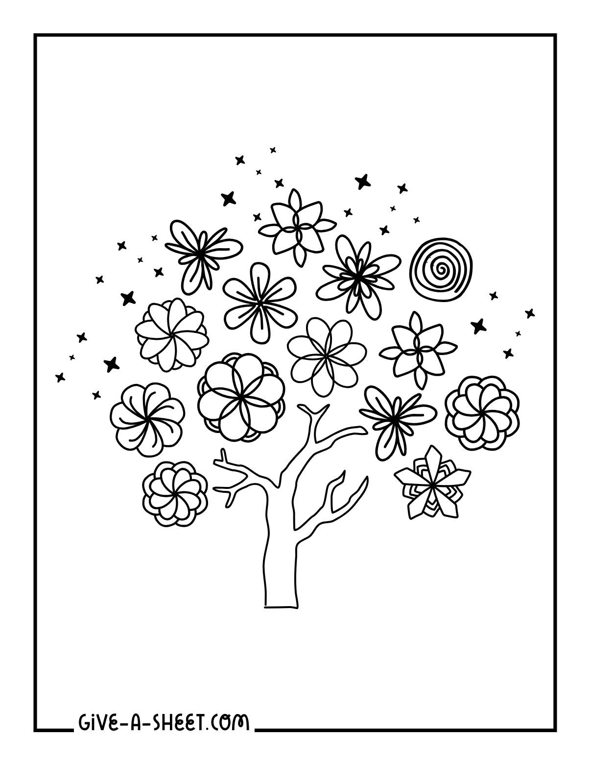 Simple mandala tree illustrations coloring page for kids.