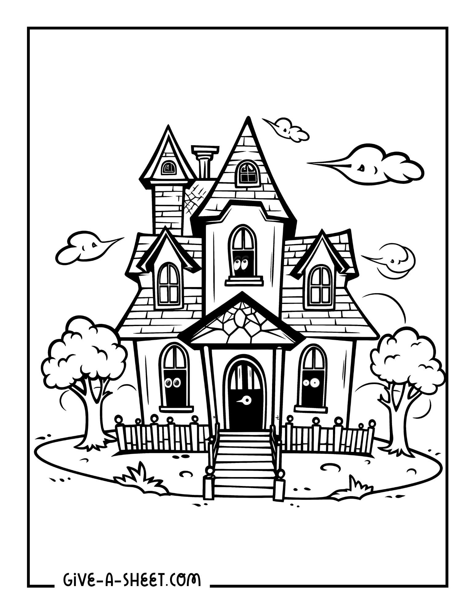 Simple haunted house coloring sheet for kids of all ages.