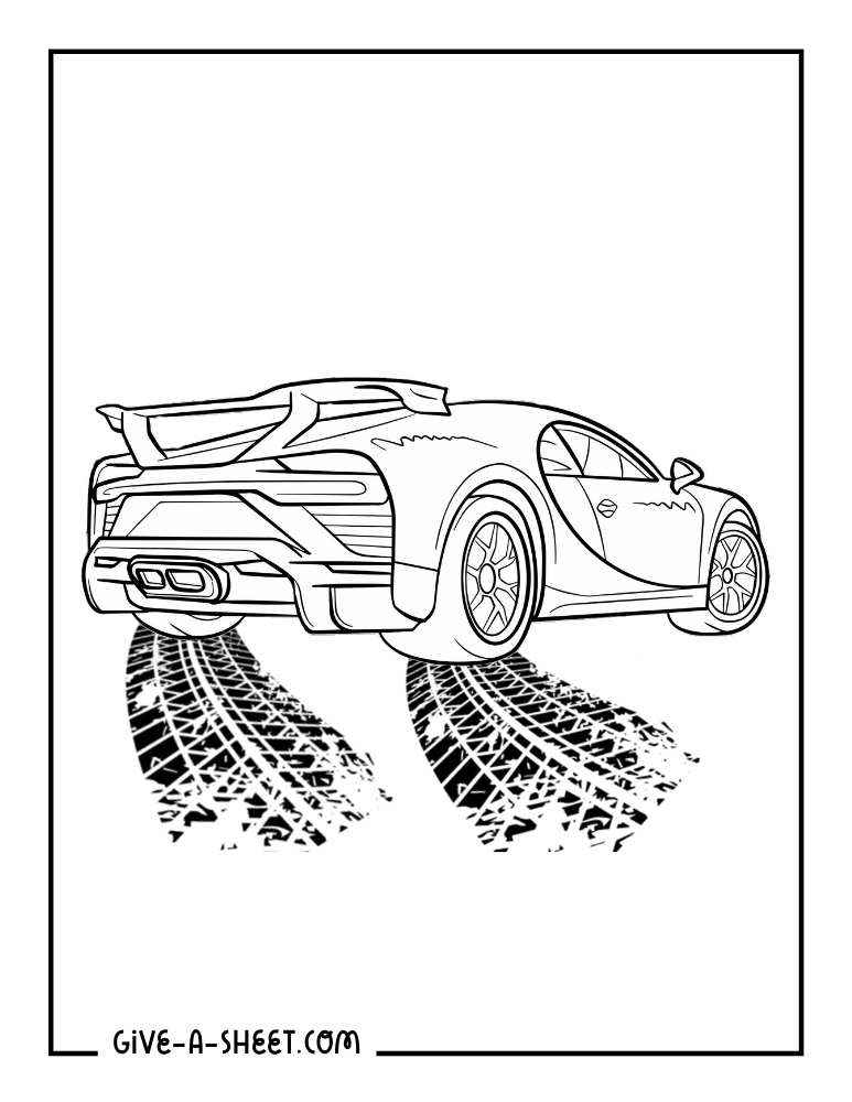 Sports car with skid marks coloring sheet for adults.