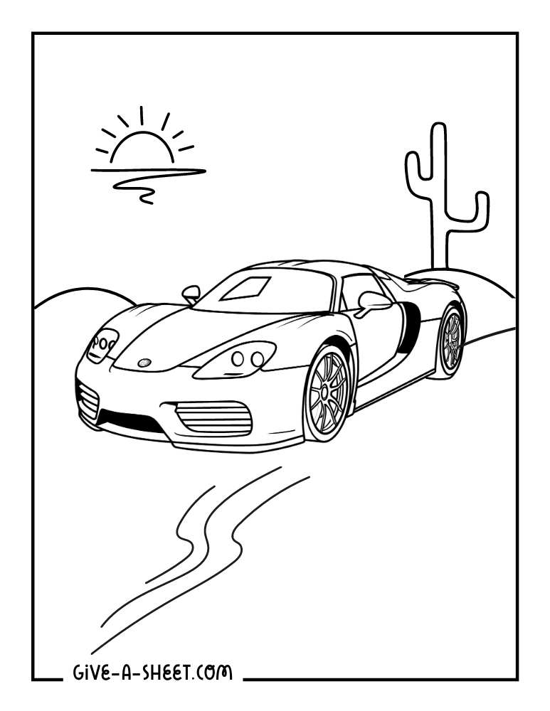 Sleek sports car on a colorful journey coloring page.