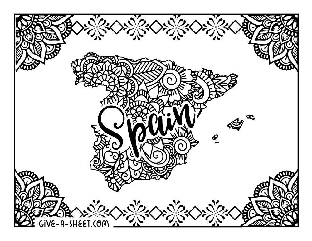Doodle map of Spain coloring page for adults.