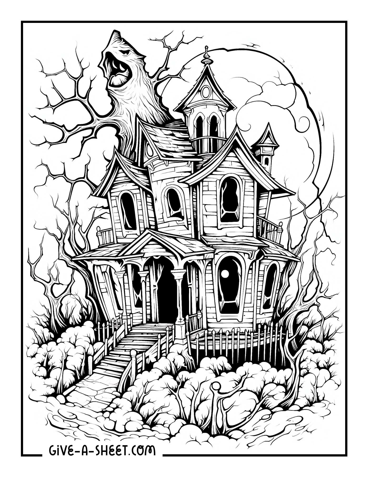 Haunted house during a full moon coloring page for adults.