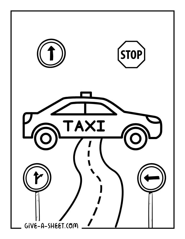 Easy taxi car coloring page with road signage stickers.