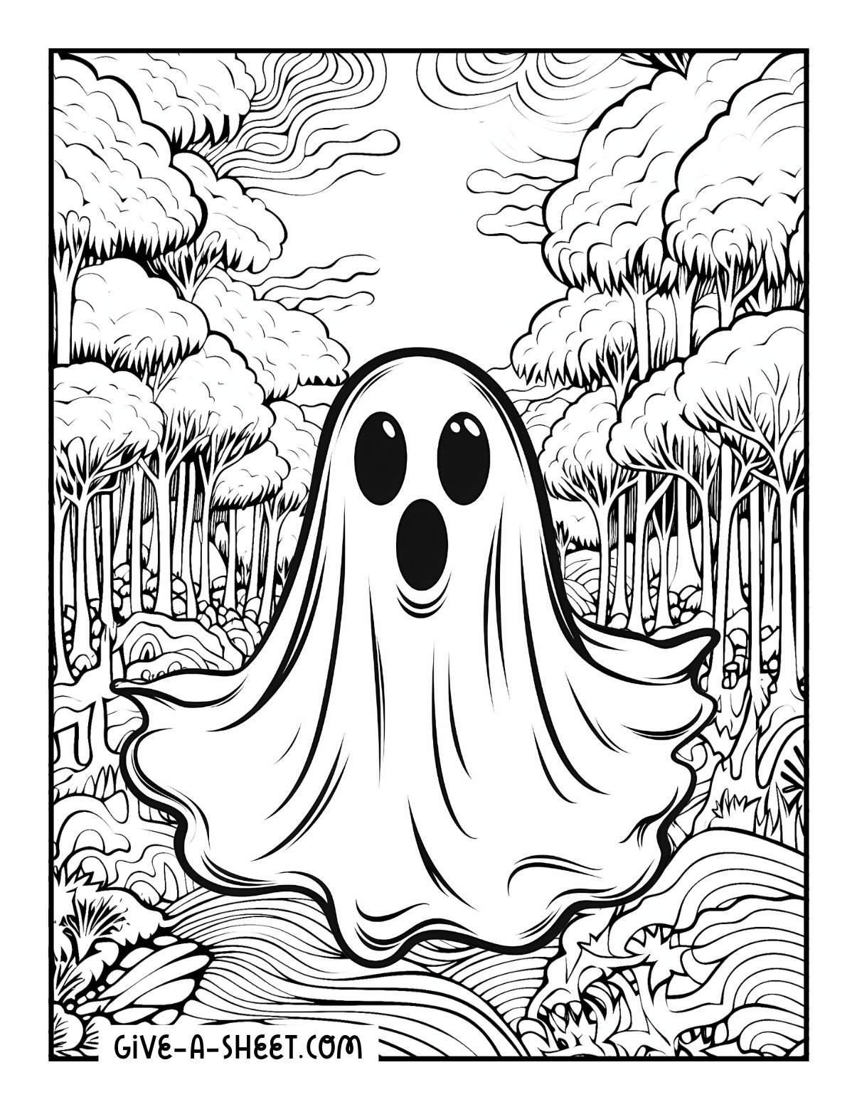 Trippy ghost graveyard coloring page.