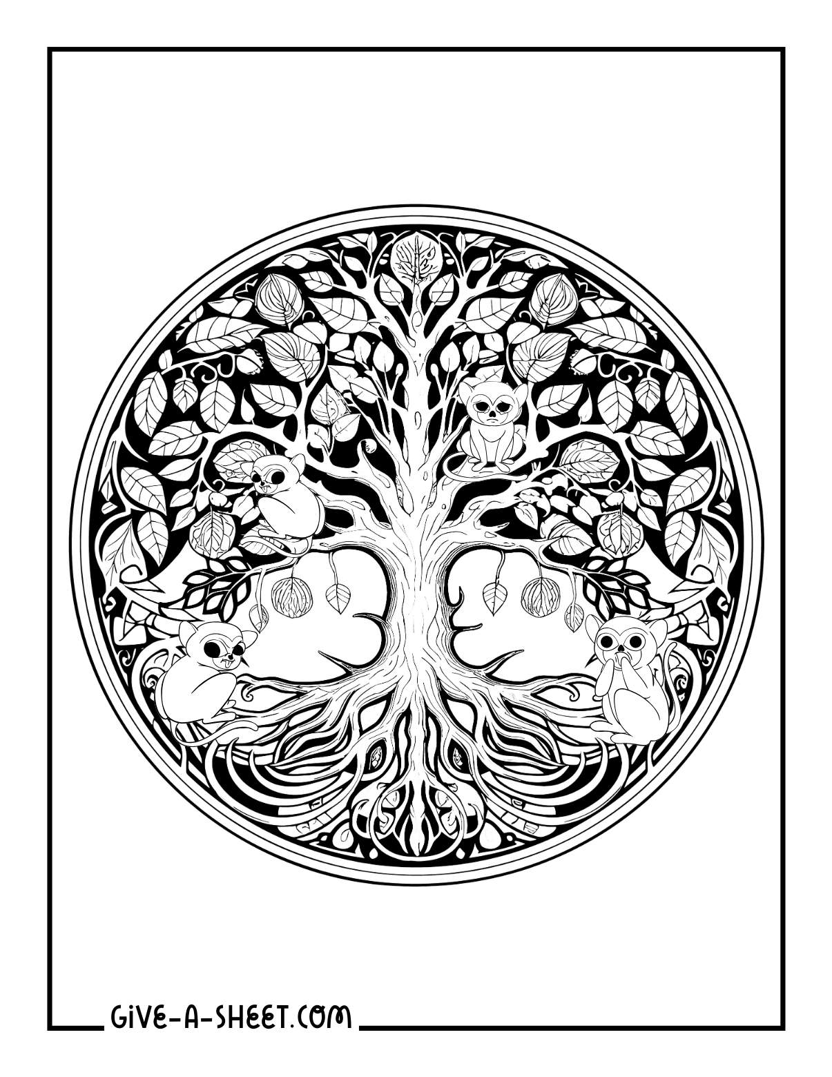 Simple tree coloring pages with animals.