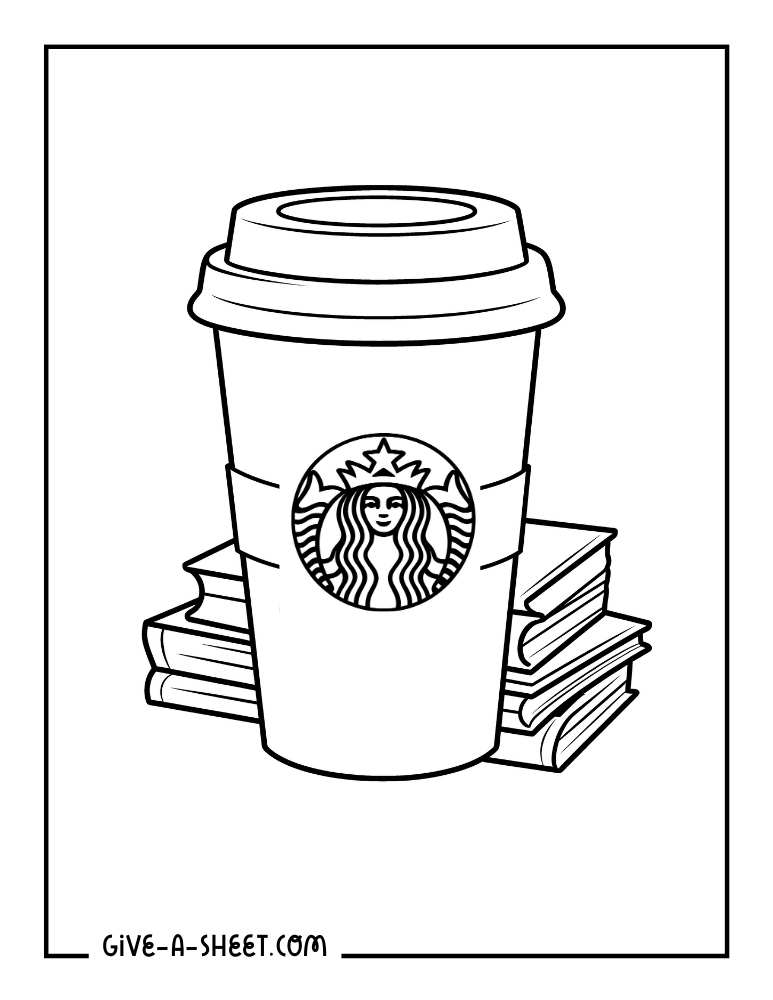 Venti hot mocha Starbucks cup and a stack of books coloring page.