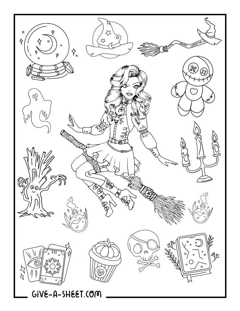 Witch on a broomstick and black magic coloring page.