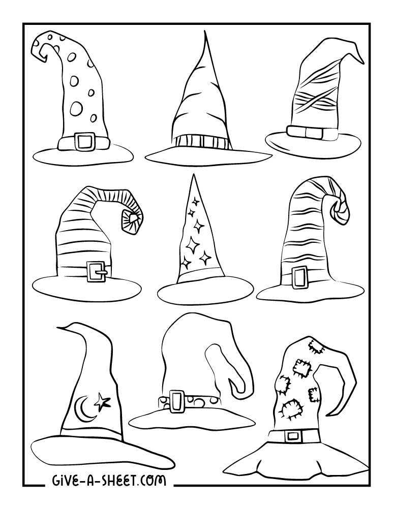Different witches hat coloring sheet.