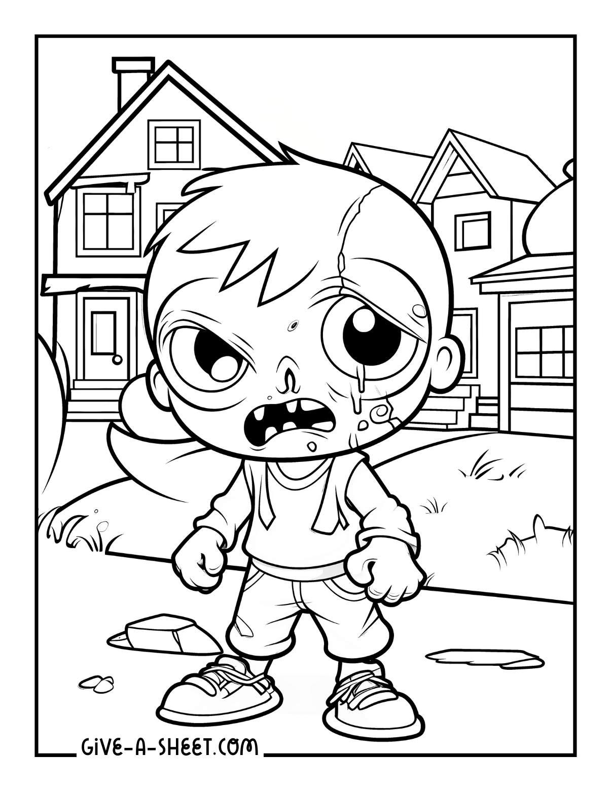 Zombie apocalypse coloring page for kids.