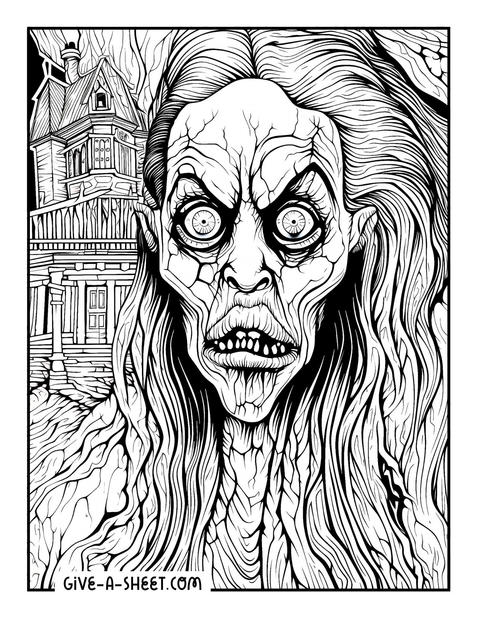 Woman with a haunted house at the back coloring page.