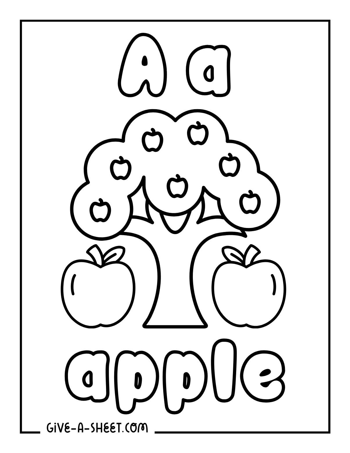 Apple tree letter association coloring page for preschool.