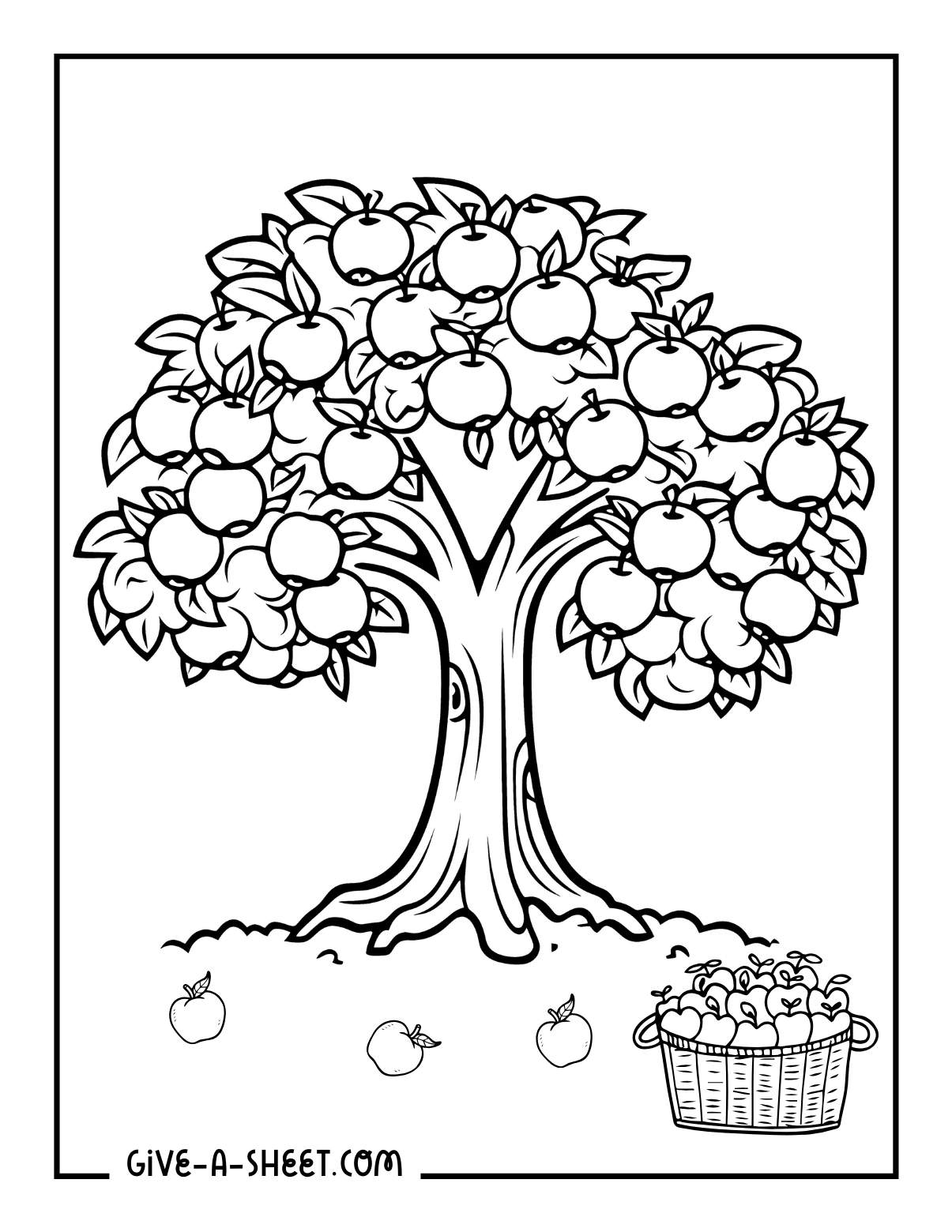 Simple apple tree coloring page with basket of apples.