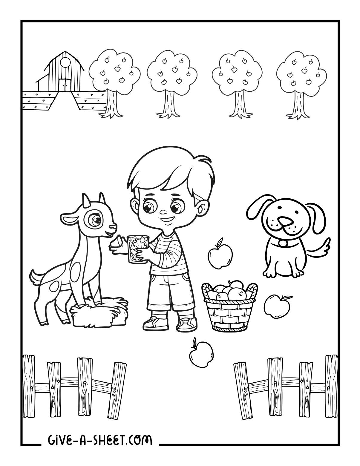 Apple tree farm coloring page for kids.