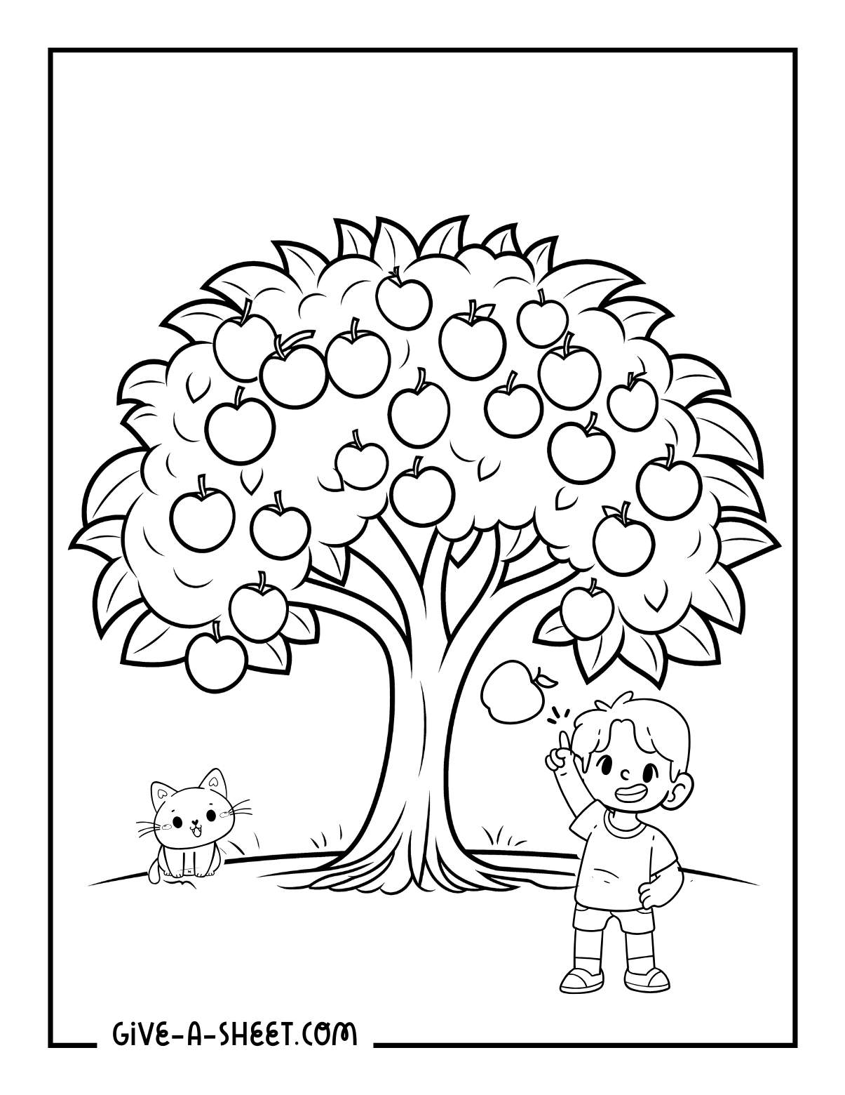 Preschoolers picking apples coloring page for kids.