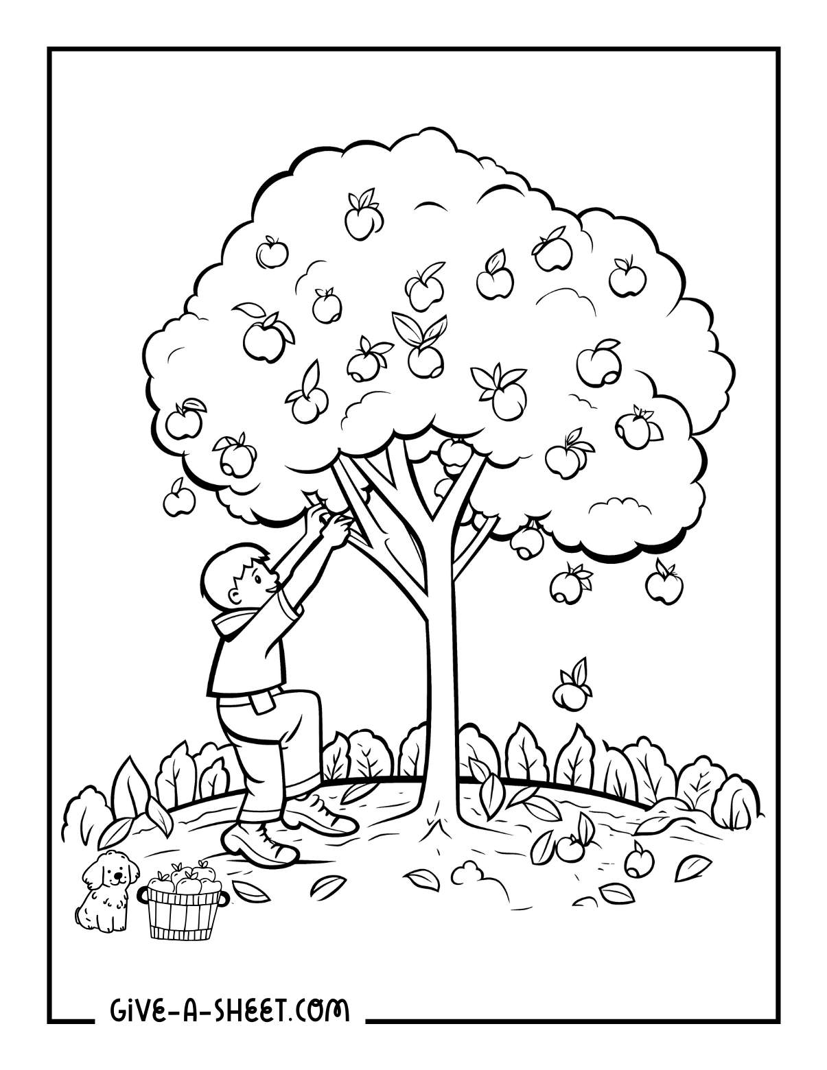 Toddler apple picking coloring page for young kids.
