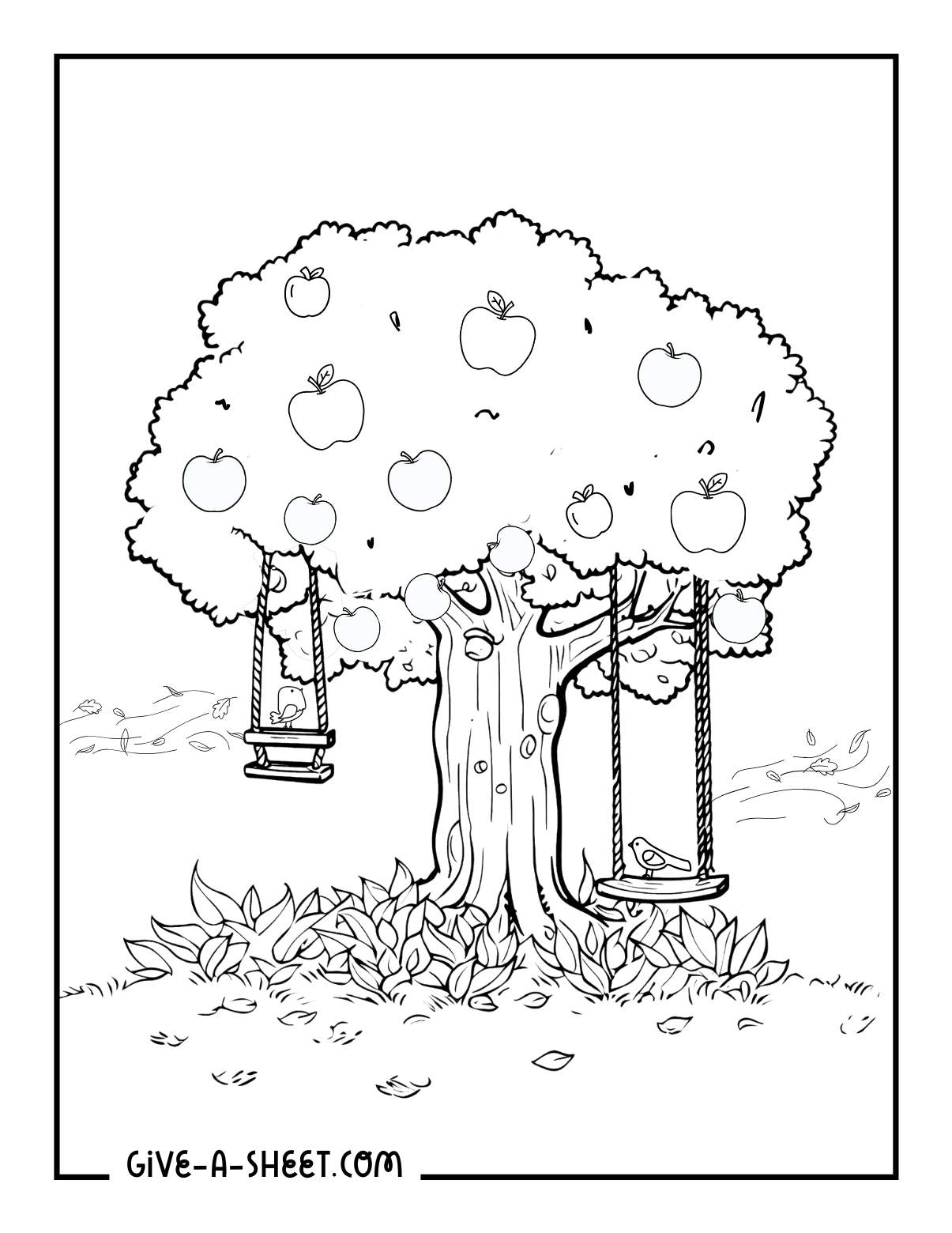 Birds on a swing on an apple tree coloring page.