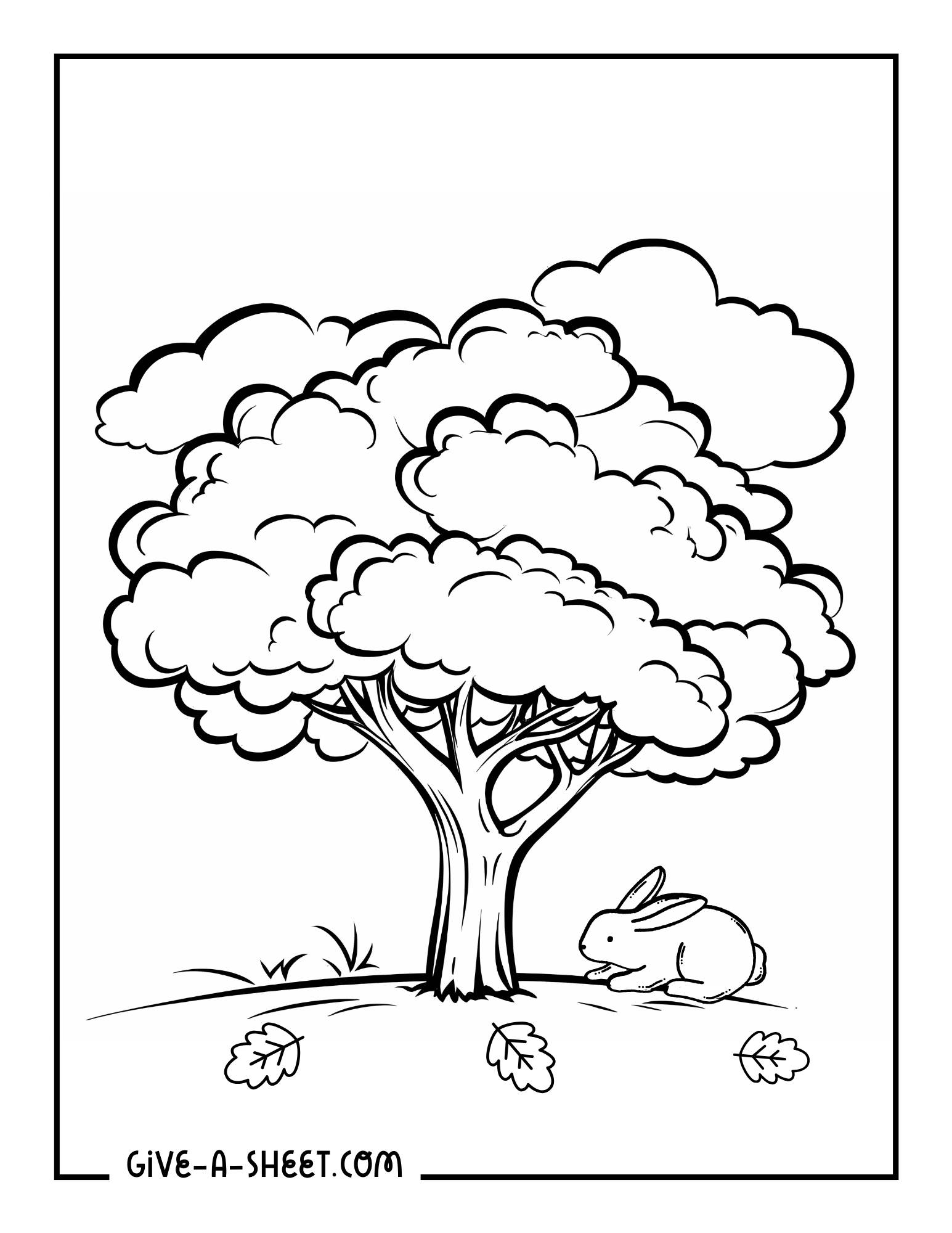 Big oak tree coloring page with a rabbit.