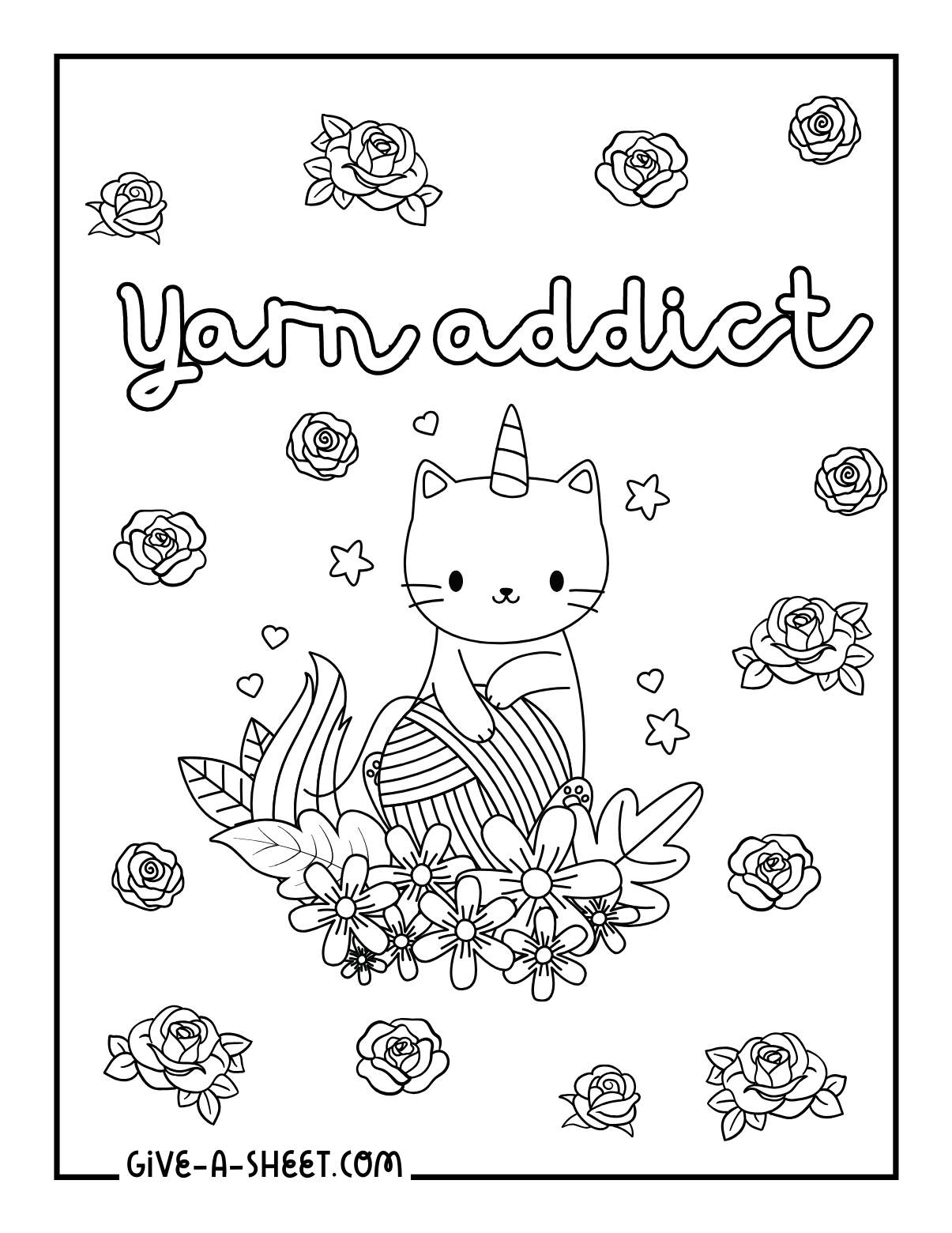 Cute cat knitting coloring page for kids.