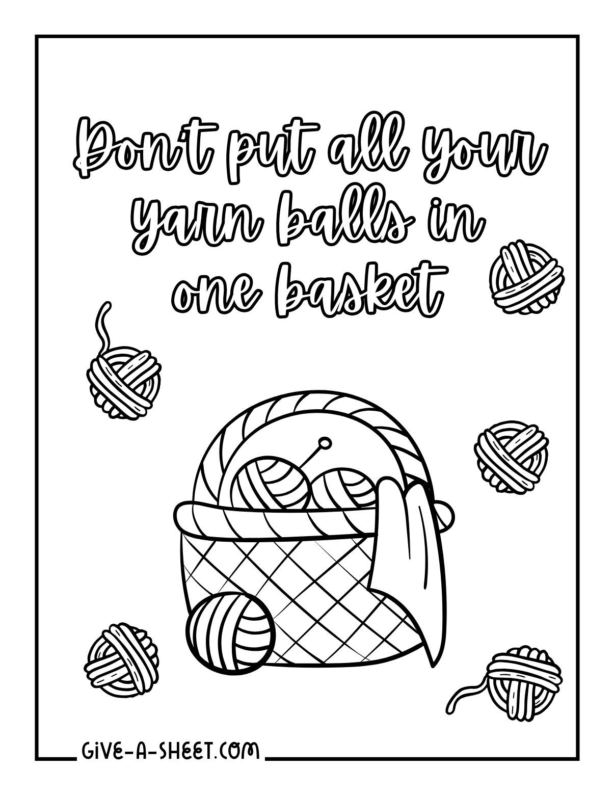 Crochet yarn skeins on a basket coloring page.
