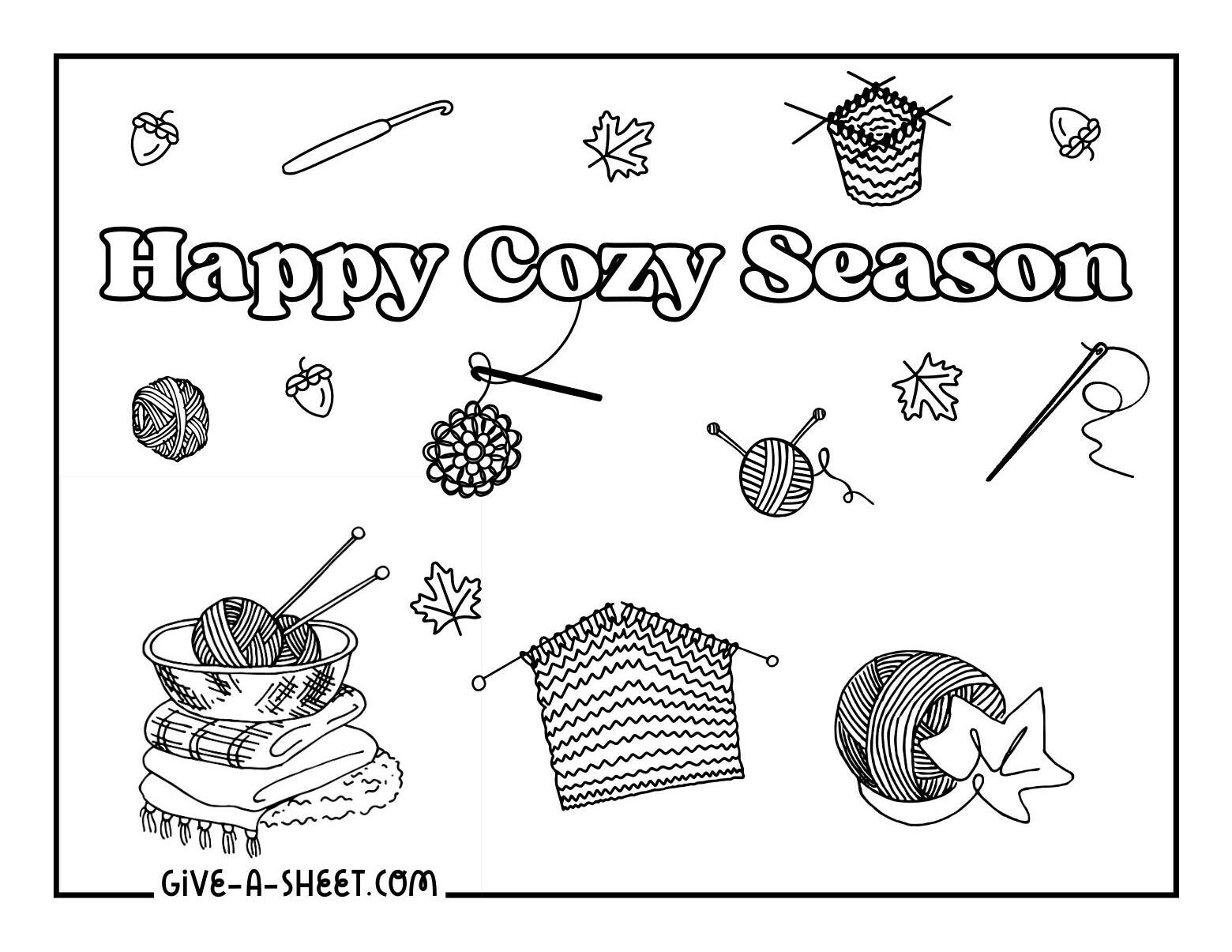 Cozy season crochet and knitting blanket patterns, doily, amigurumi and more coloring page.