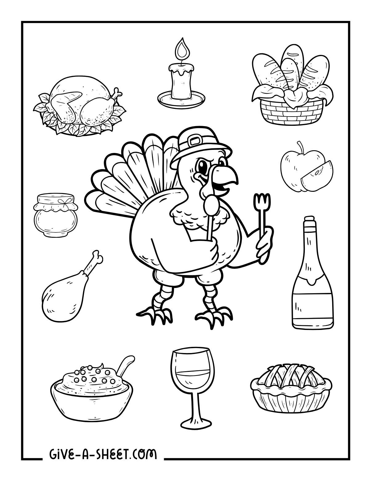 Turkey pilgrim hat thanksgiving meal coloring page.