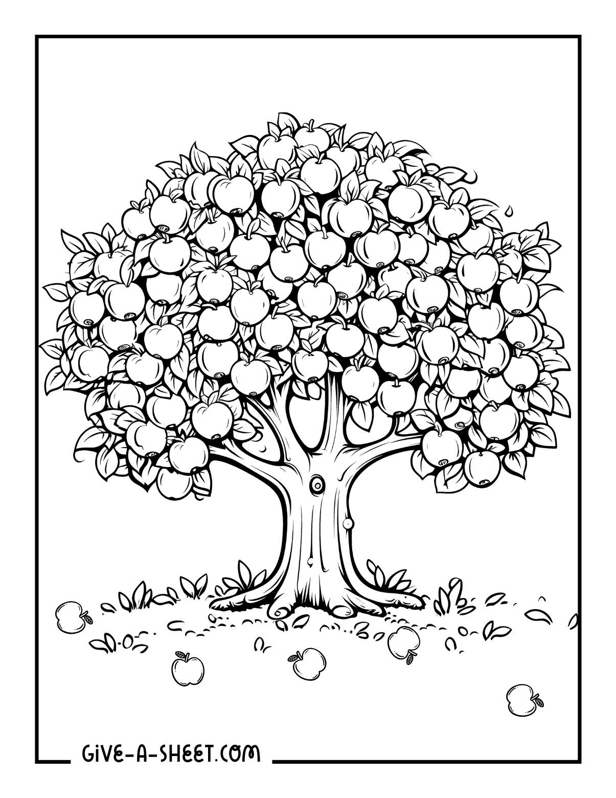 Fallen apples tree coloring page for kids.
