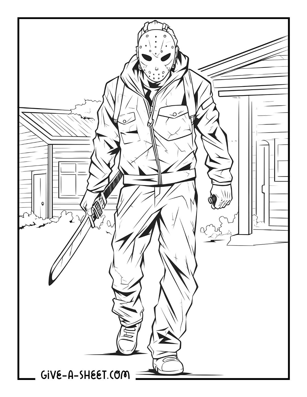 Michael Myers holding a knife halloween horror coloring page for adults.
