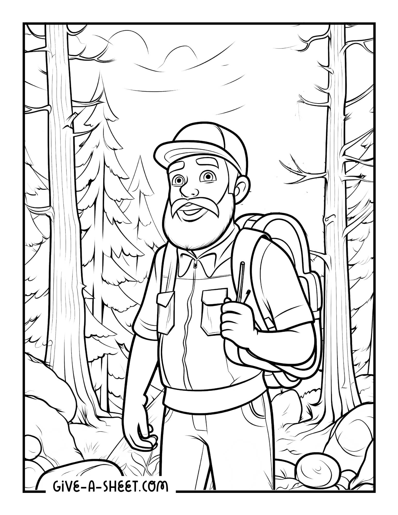 Hiker hiking evergreen forest coloring sheet for adults.