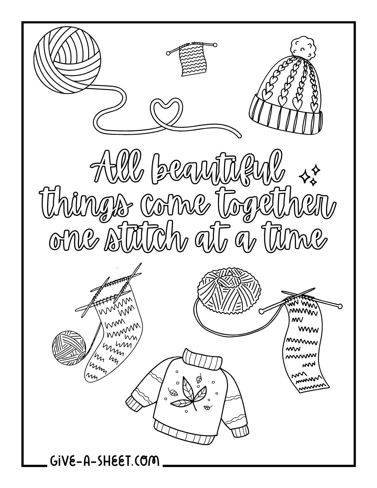 Knit projects scarf, beanie and sweater coloring page.