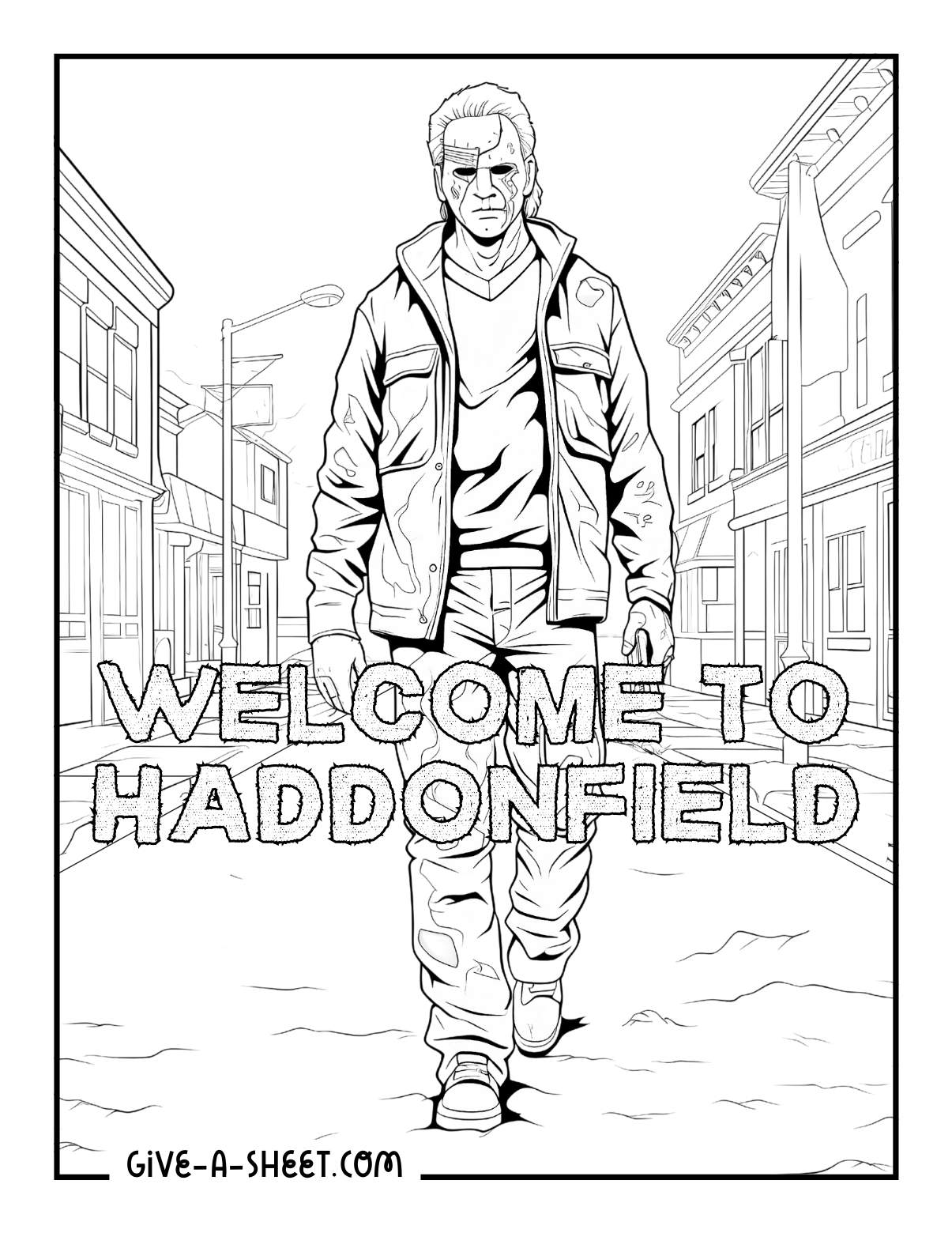 Michael Myers walking in Haddonfield on October 31 Halloween night coloring sheet for adults.