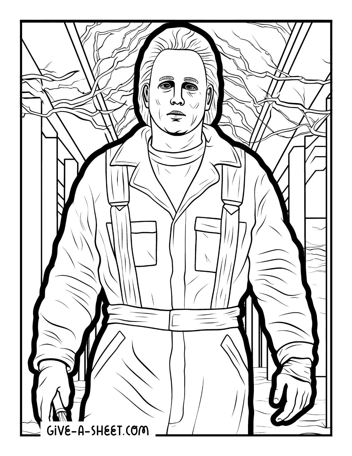 Michael Myers walking in Haddonfield on Halloween night coloring page.
