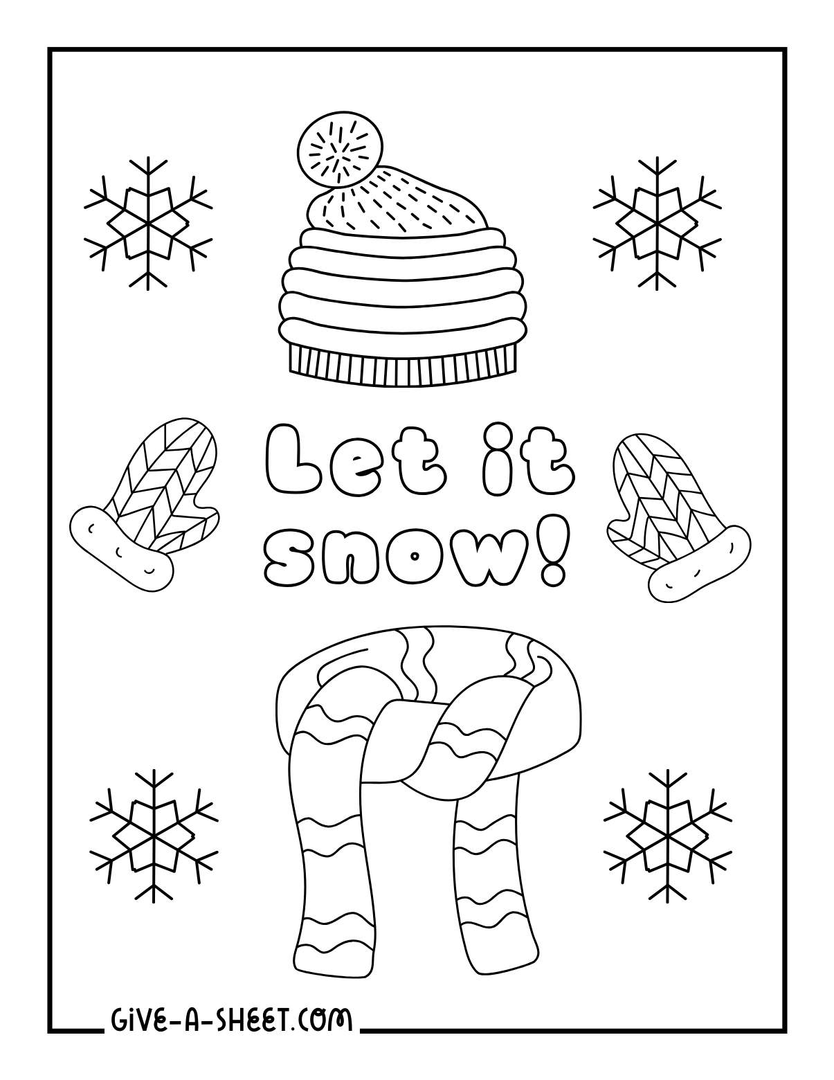 Winter mittens, scarf and beanie coloring sheets.