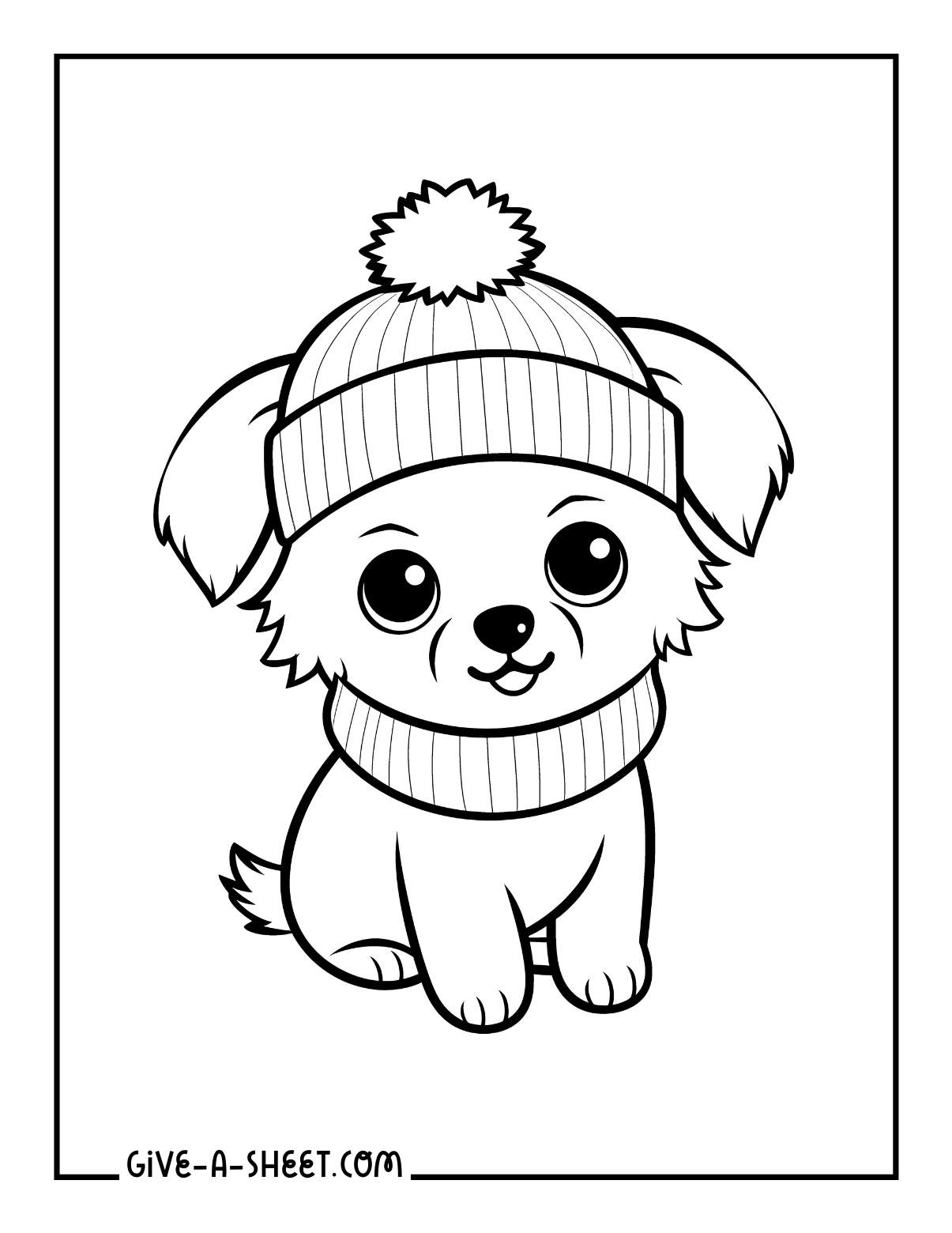 Puppy wearing cozy hat coloring page for kids.
