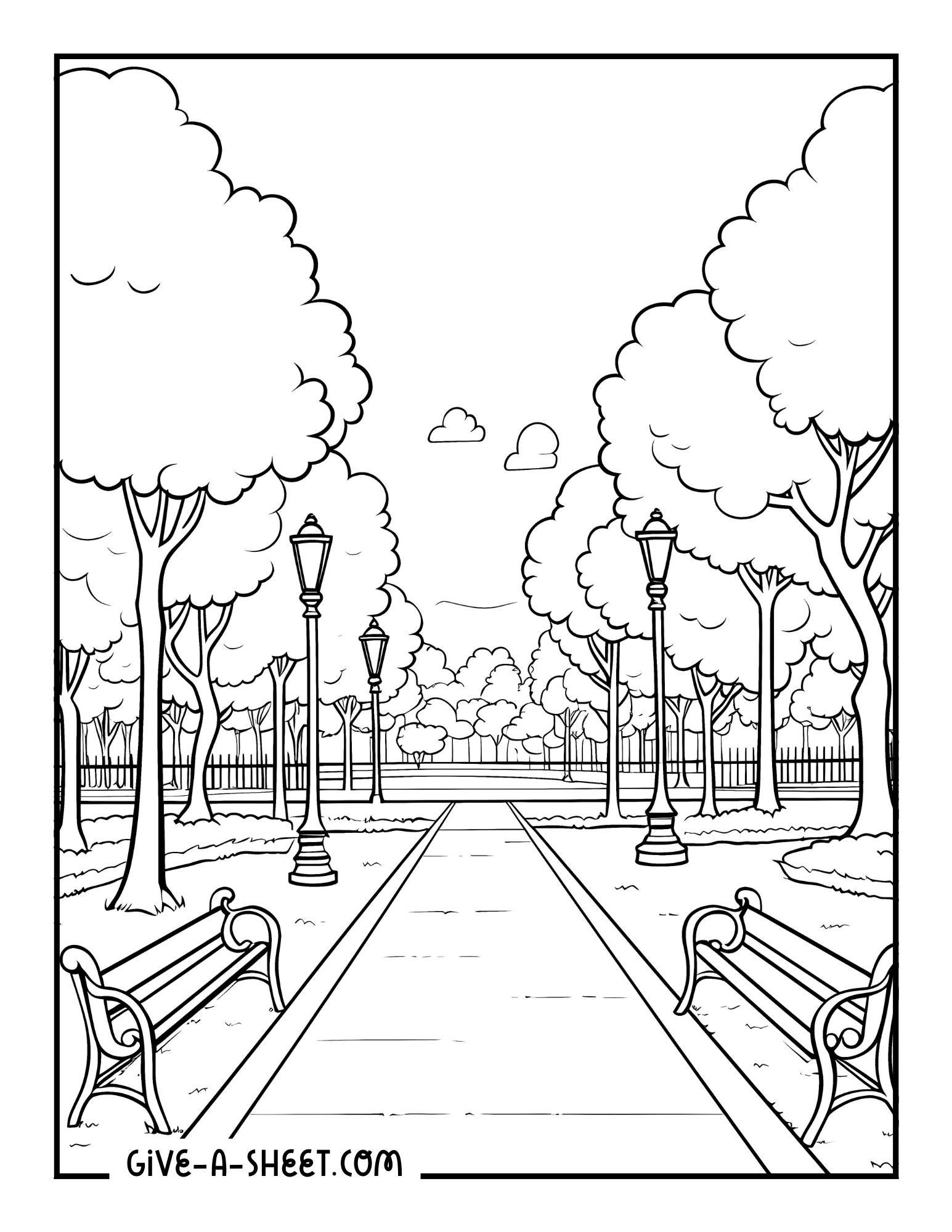 Beauty of trees in the park coloring page.