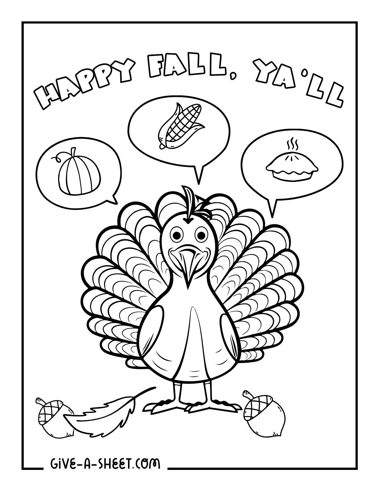 Turkey coloring page with pumpkin pie, corn thanksgiving meal to color.