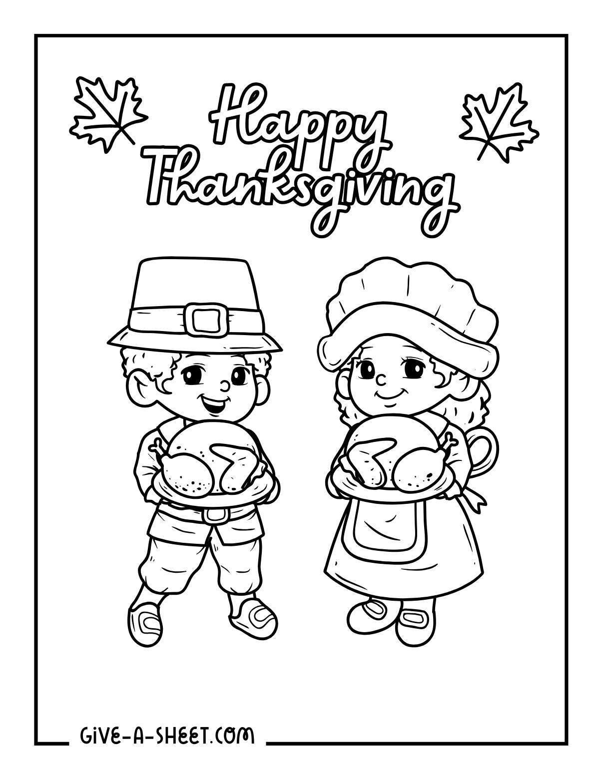 Young kids holding turkey thanksgiving meal coloring page.