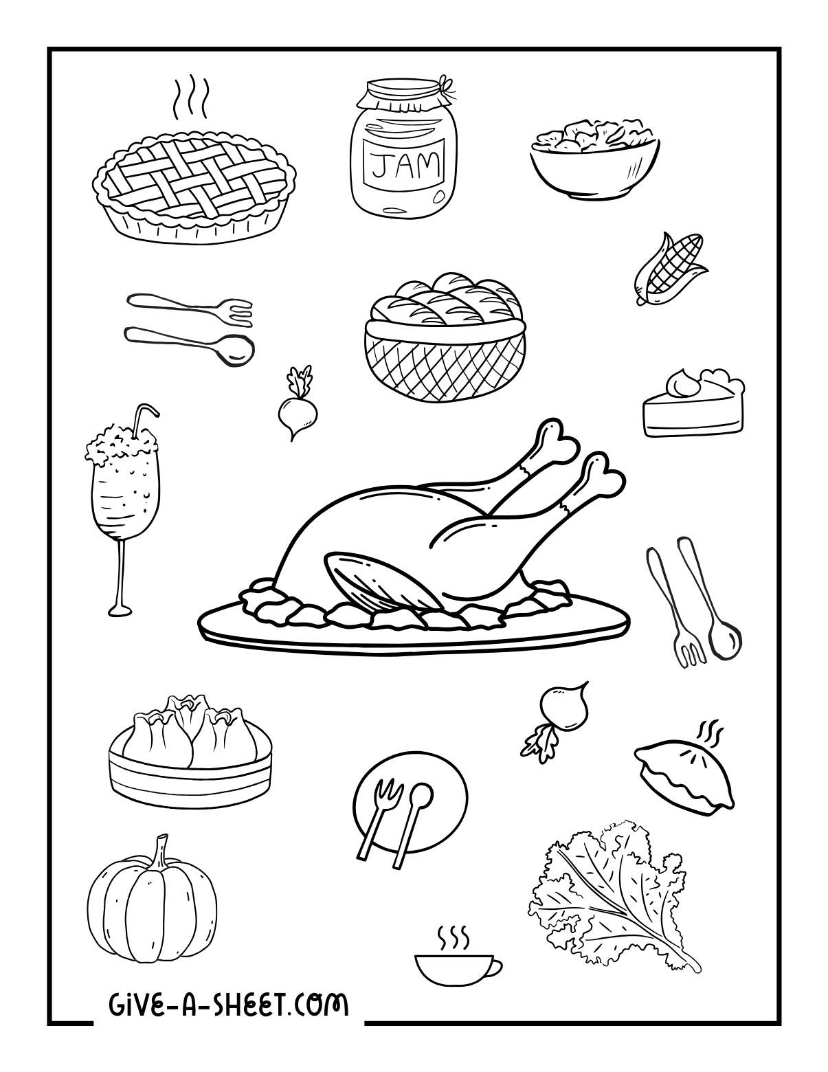 Thanksgiving dinner table with turkey coloring pages.