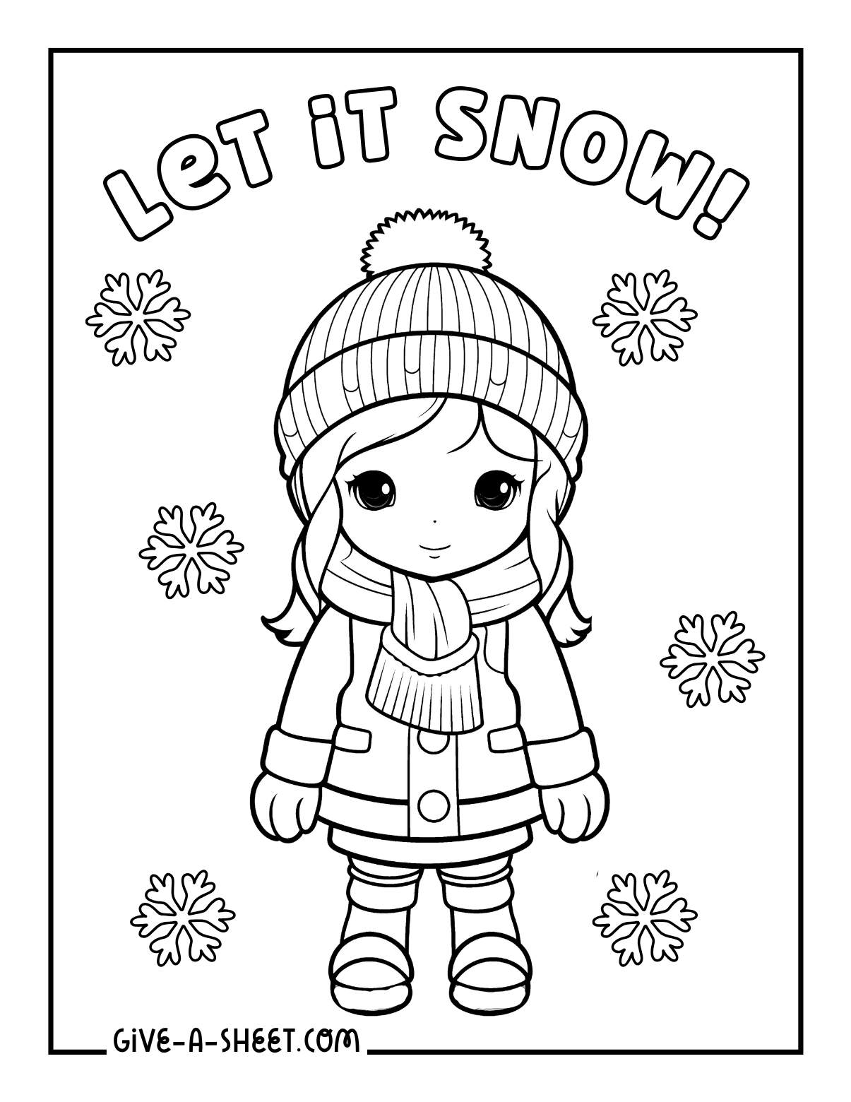 Girl wearing a beanie, scarf and jacket winter coloring sheet.