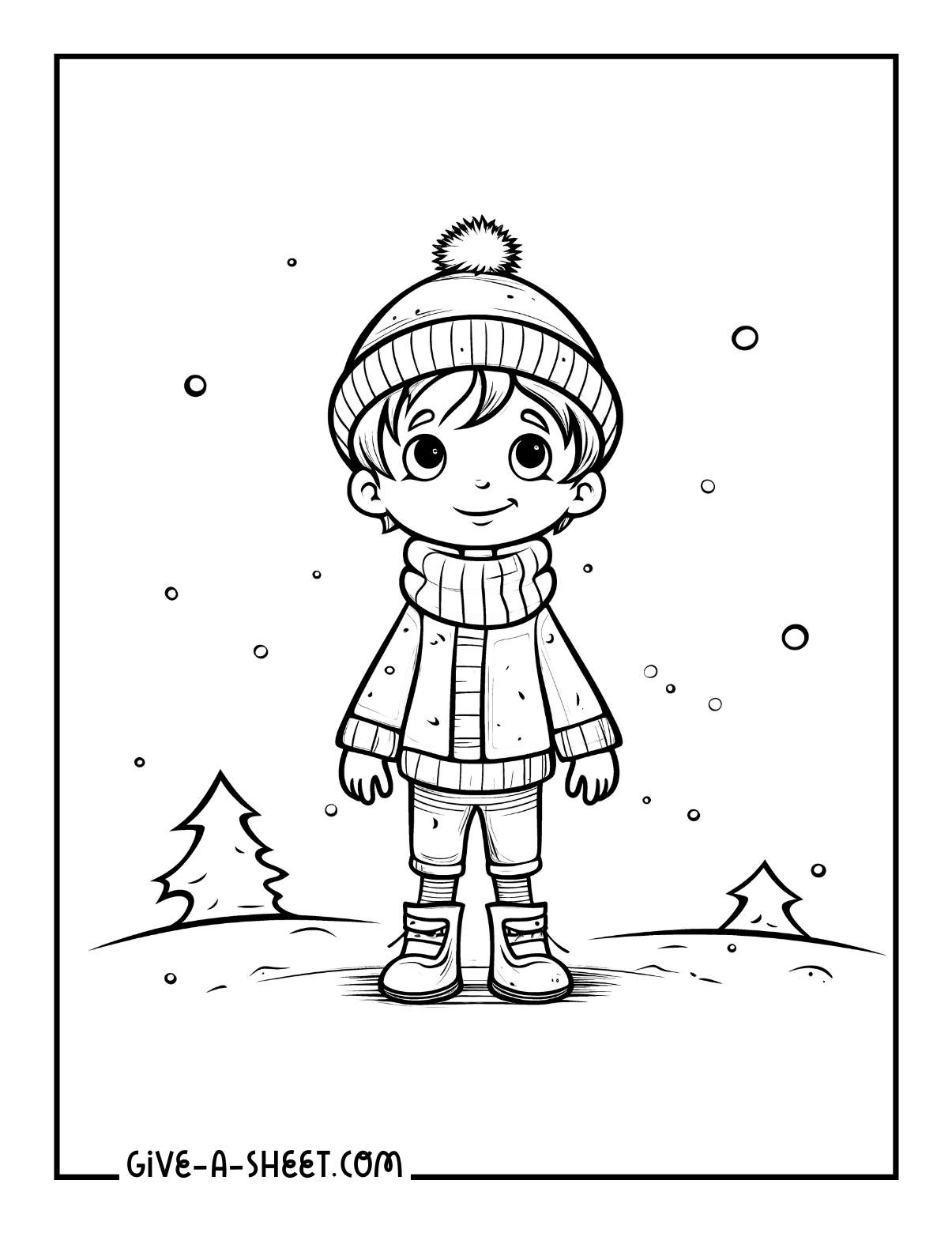 Boy outside wearing winter wardrobe coloring page.